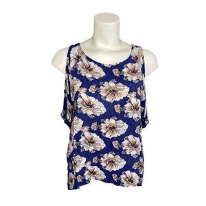 ONE CLOTHING Blue‎ Pink Floral Cold Shoulder Rayon Top sz Small